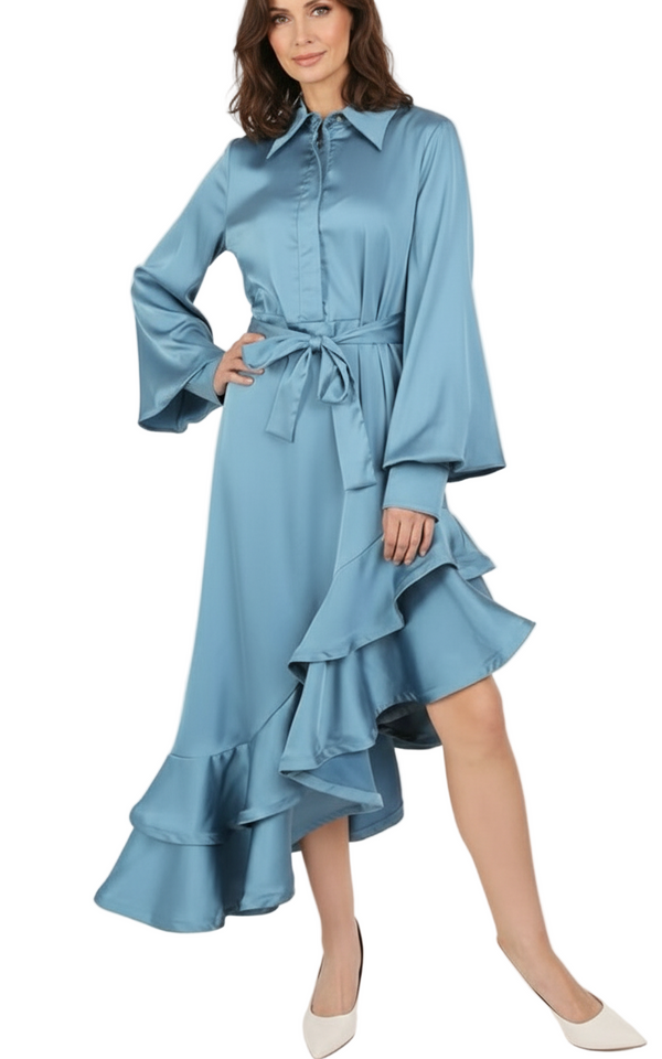 Ana mother of the bride dress Woman wearing a blue dress with ruffled hem on a white background