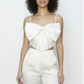 Bowie wedding tee White crop top with a large bow detail worn by a model on a white background