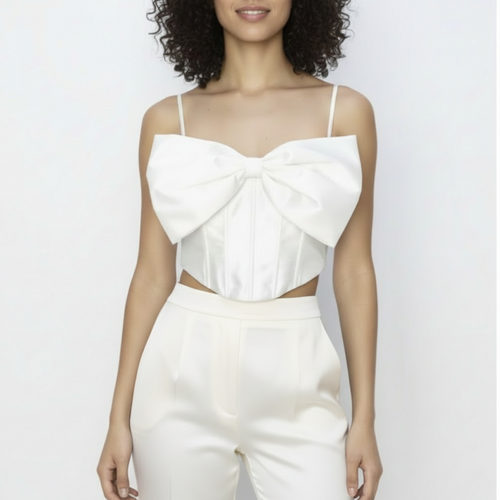 Bowie wedding tee White crop top with a large bow detail worn by a model on a white background