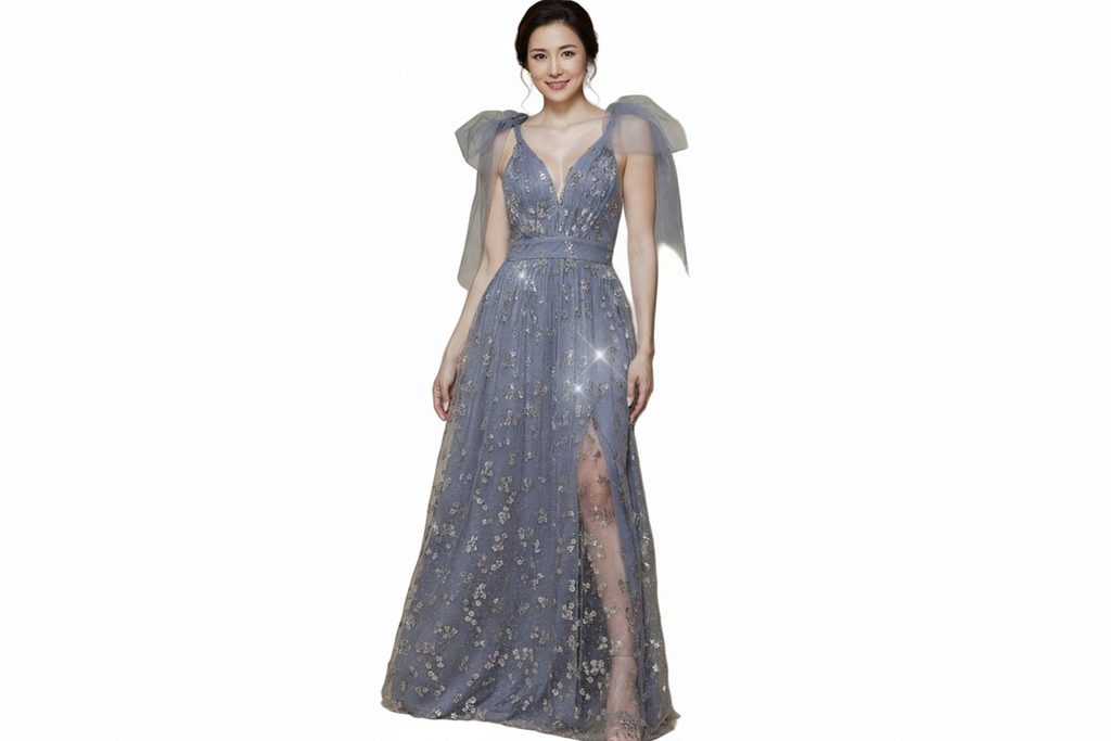 Carmen mother of the bride dress Woman wearing a sparkly blue evening gown with sheer sleeves on a white background