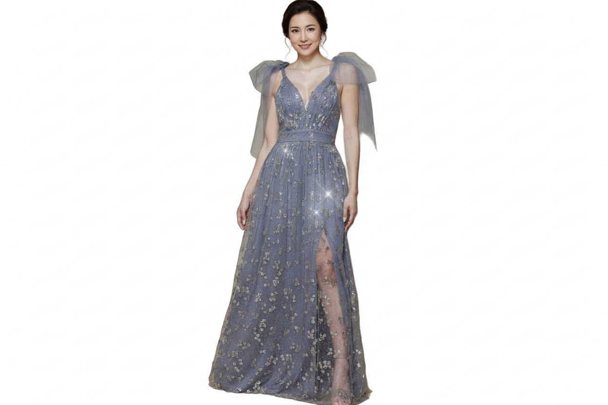 Carmen mother of the bride dress Woman wearing a sparkly blue evening gown with sheer sleeves on a white background