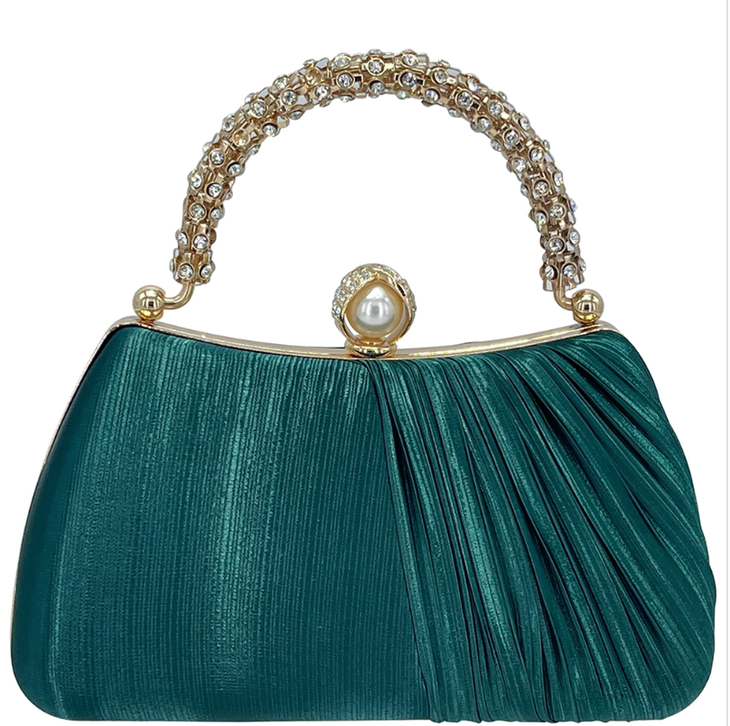 Elegant Chic Rhinestone Pearl Design Handle Evening Bag With Satin Lining And Detachable Chain For Formal Events