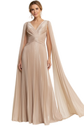 Hazel mother of the bride dress Beige evening gown with cape on a white background