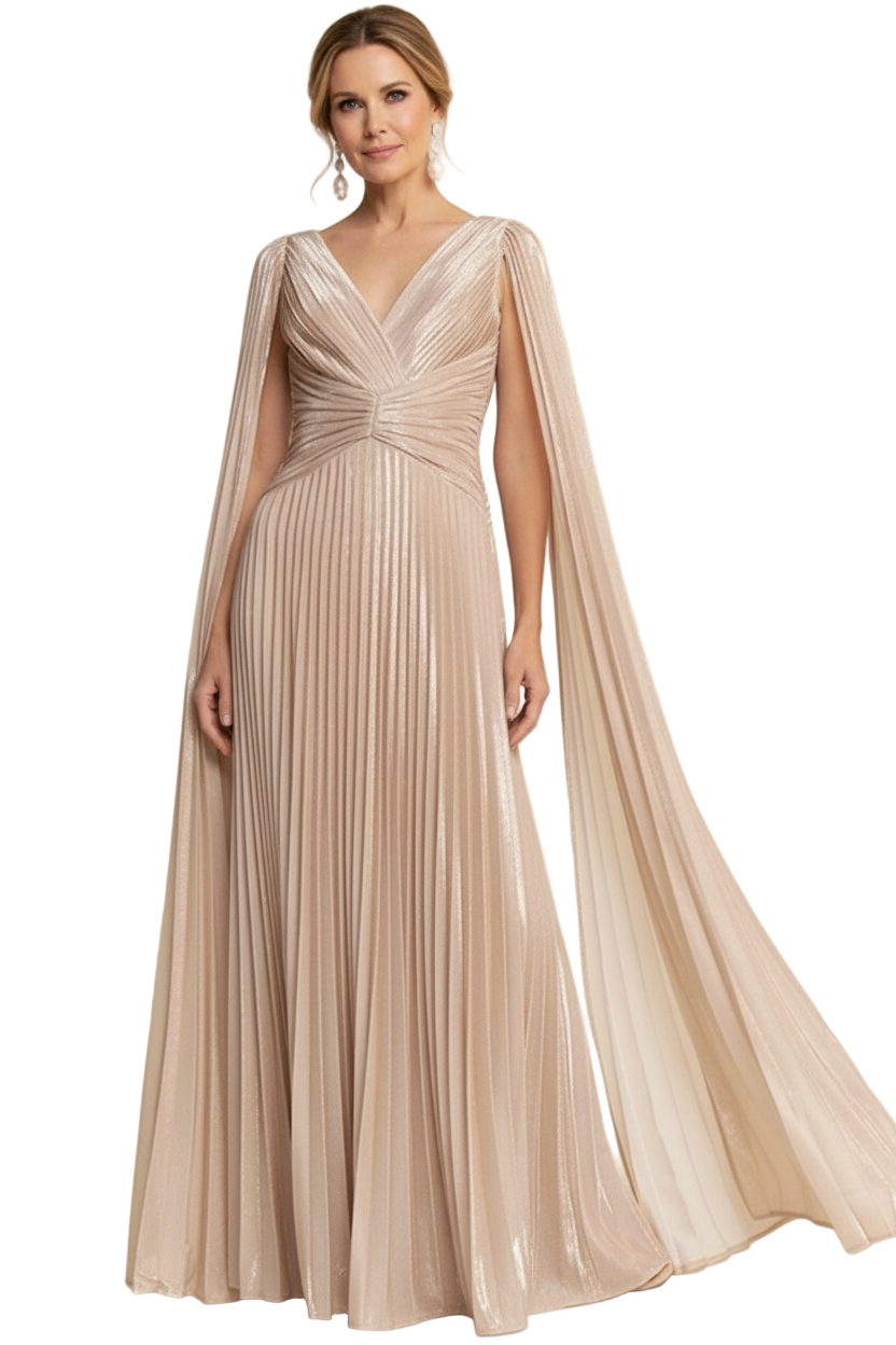 Hazel mother of the bride dress Beige evening gown with cape on a white background