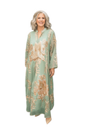 Jade mother of the bride dress Woman wearing a green floral dress on a white background