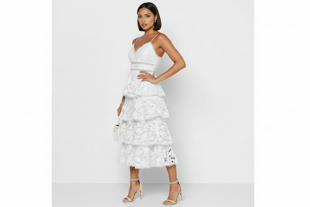 Karina elevated bridal dress Woman wearing a white lace dress on a plain background