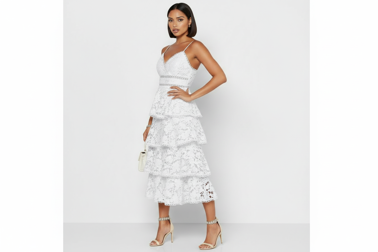 Karina elevated bridal dress Woman wearing a white lace dress on a plain background