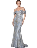 Lee mother of the bride dress Woman wearing a silver off-shoulder evening gown on a white background