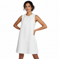 Lexi bridal mini dress. Woman wearing a white sleeveless dress on a white background