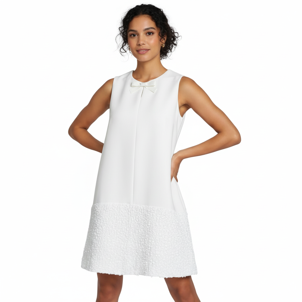 Lexi bridal mini dress. Woman wearing a white sleeveless dress on a white background