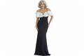 Woman wearing a black and white off-shoulder evening gown on a white background Natalia mother of the bride dress