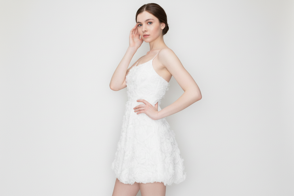 Pamela sophisticated bridal dress Woman wearing a white dress against a plain background