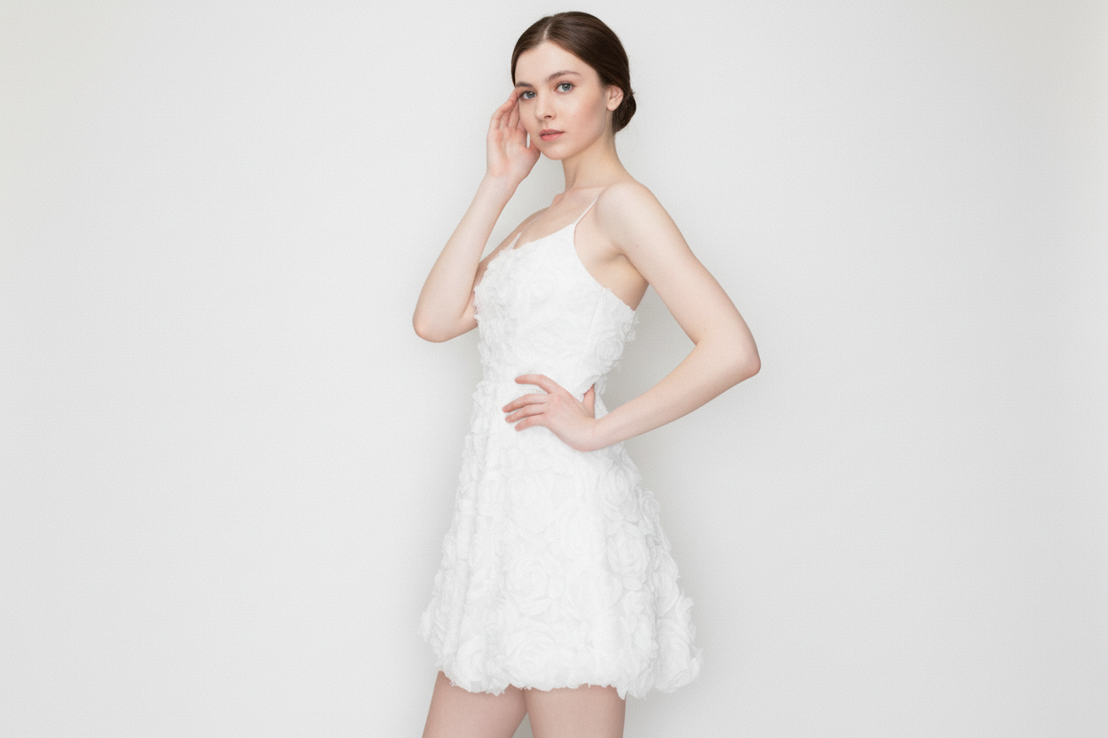 Pamela sophisticated bridal dress Woman wearing a white dress against a plain background