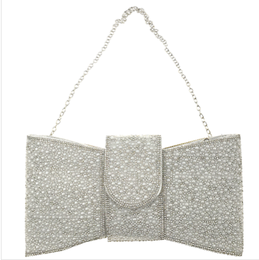 Pearl Bling Bow Design Clutch Bag Elegant Pearl Embellished Evening Party Handbag