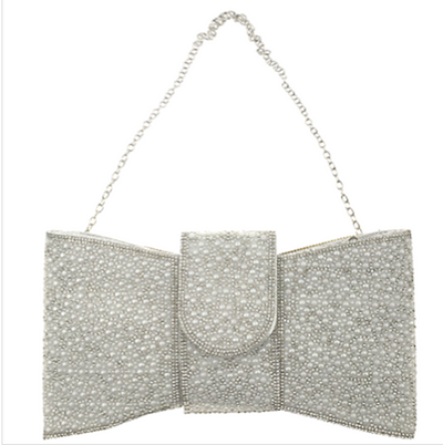 Pearl Bling Bow Design Clutch Bag Elegant Pearl Embellished Evening Party Handbag