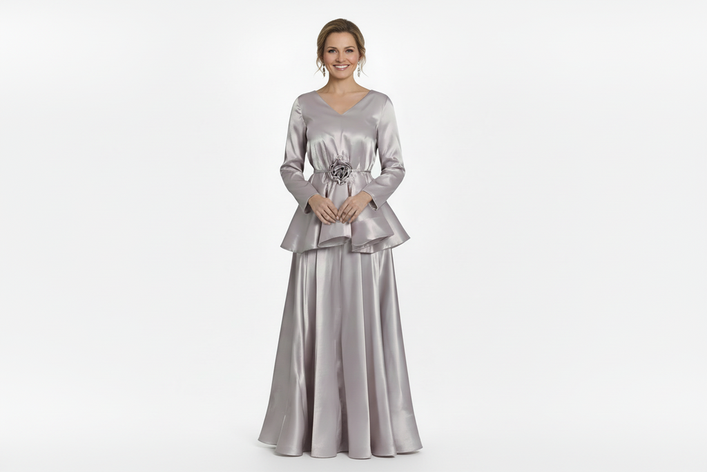 skirt and top set silver presley mother of the bride mother of the groom Silver evening top and skirt with long sleeves and a belt on a white background