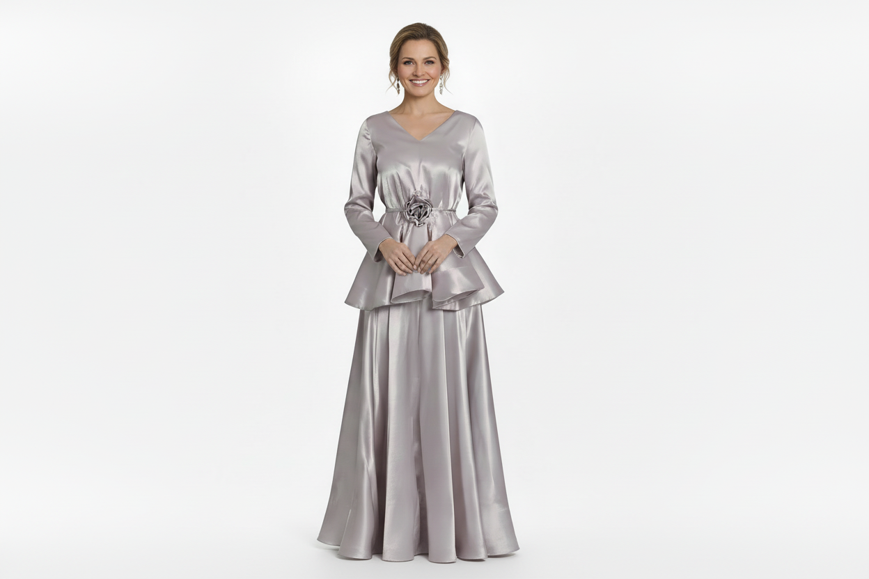 skirt and top set silver presley mother of the bride mother of the groom Silver evening top and skirt with long sleeves and a belt on a white background