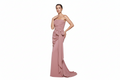 Priscilla mother of the bride dress Woman wearing a strapless pink gown with a bow detail on a white background
