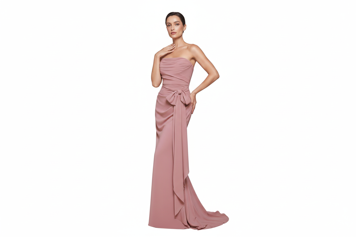 Priscilla mother of the bride dress Woman wearing a strapless pink gown with a bow detail on a white background