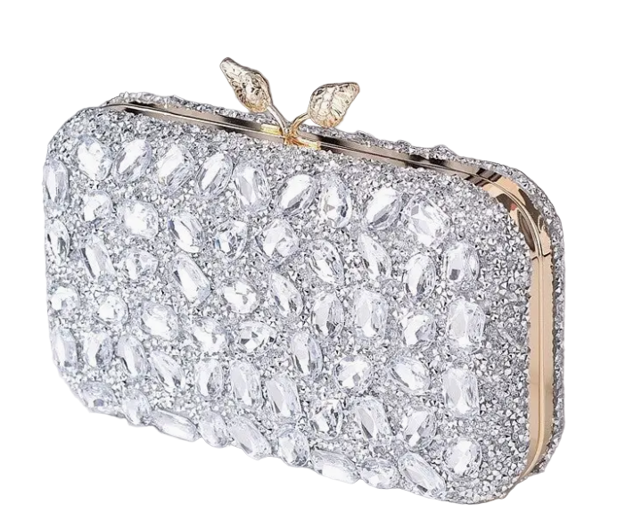 Rectangular Evening Clutch With Rhinestones Sparkling Crystal Embellished Metallic Frame Party Bag For Formal Events