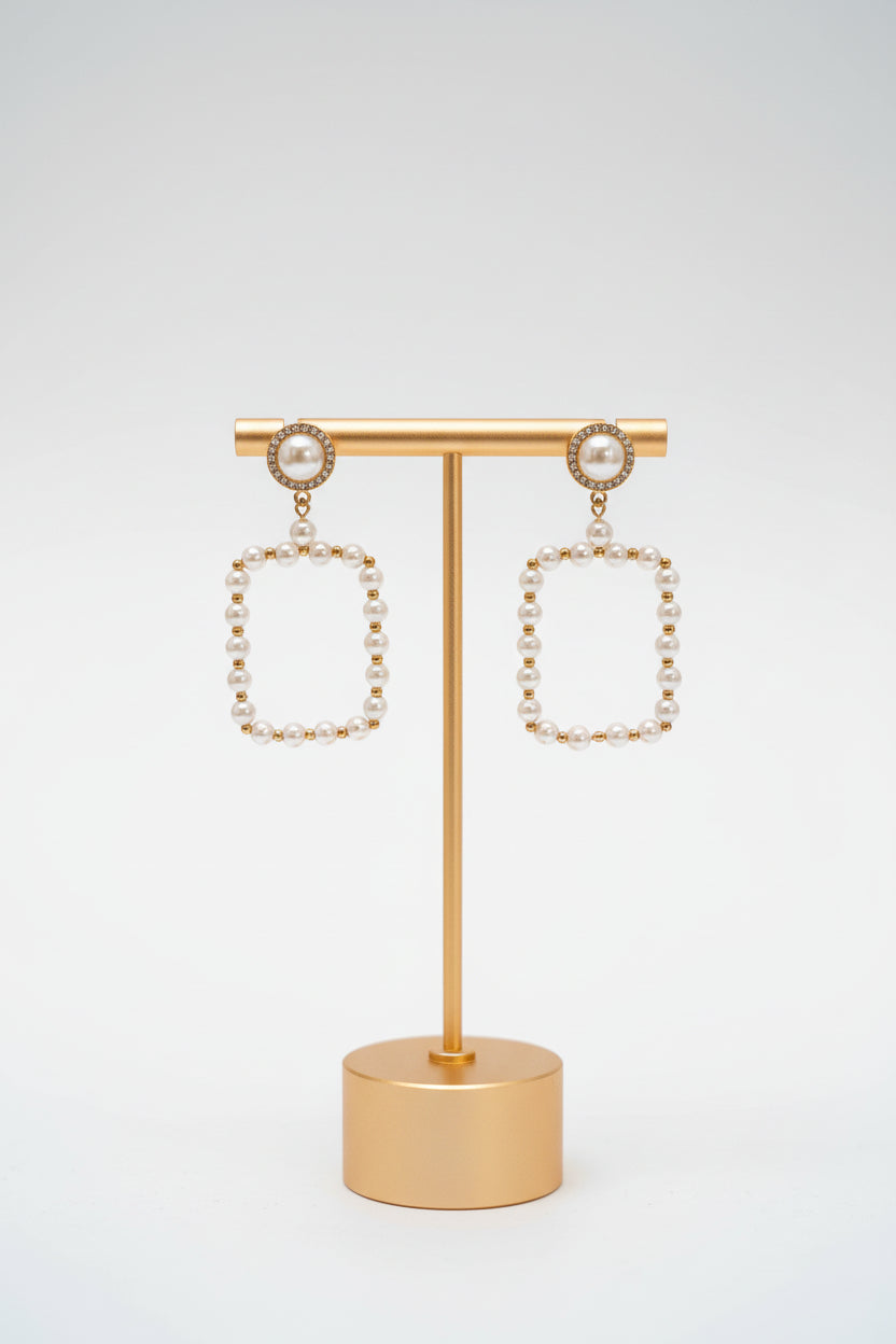 Gold Pearl Rhinestone Square Statement Earrings