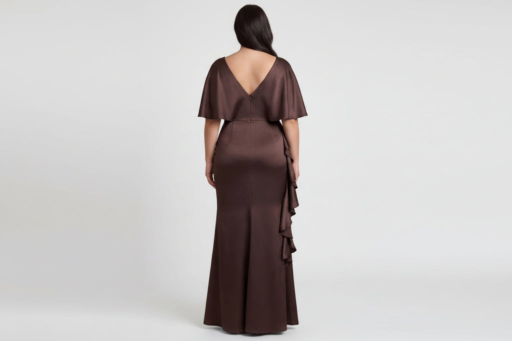 Santa Barbara Bridal Collective - SATIN CREPE MAXI FORMAL PLUS DRESS WITH FRONT RUFFLE: Chocolate / XL
