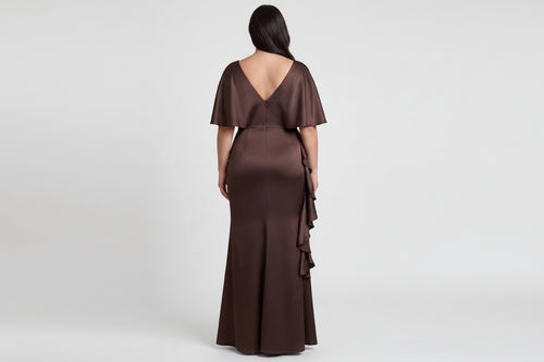 Santa Barbara Bridal Collective - SATIN CREPE MAXI FORMAL PLUS DRESS WITH FRONT RUFFLE: Chocolate / XL