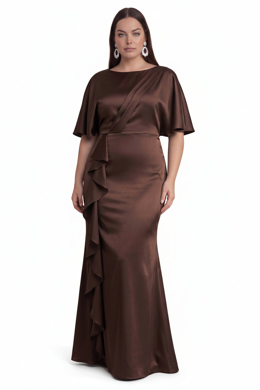 Santa Barbara Bridal Collective - SATIN CREPE MAXI FORMAL PLUS DRESS WITH FRONT RUFFLE: Chocolate / XL