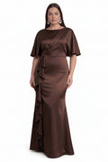 Santa Barbara Bridal Collective - SATIN CREPE MAXI FORMAL PLUS DRESS WITH FRONT RUFFLE: Chocolate / XL