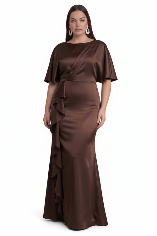 Santa Barbara Bridal Collective - SATIN CREPE MAXI FORMAL PLUS DRESS WITH FRONT RUFFLE: Chocolate / XL
