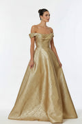 Santa Barbara Bridal Collective Juliet Dress - Off the Shoulder Straight Neckline Jacquard Dress: Gold / XS