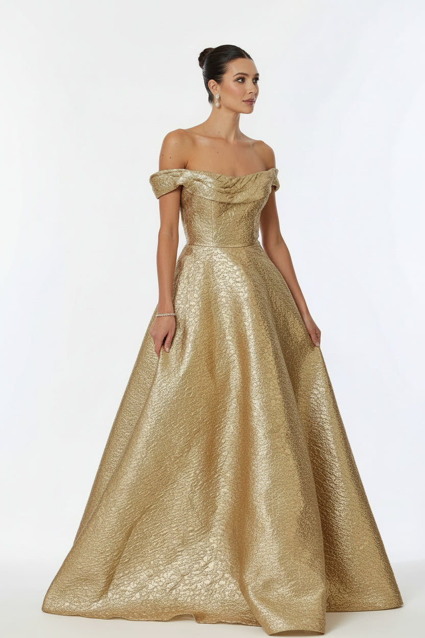 Santa Barbara Bridal Collective Juliet Dress - Off the Shoulder Straight Neckline Jacquard Dress: Gold / XS