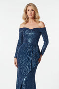 Serafina mother of the bride dress Woman wearing a blue sequin off-shoulder gown on a white background