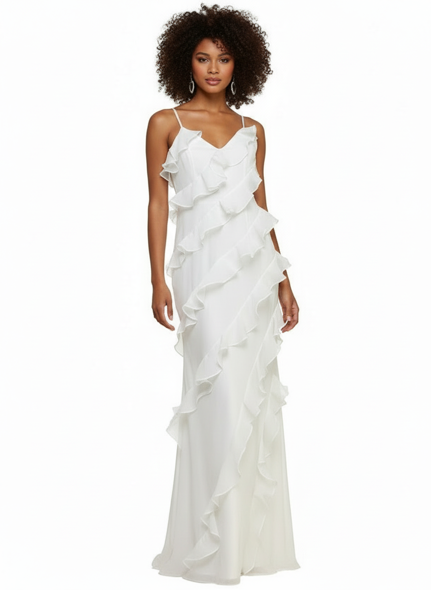 Woman wearing a white ruffled gown on a white background