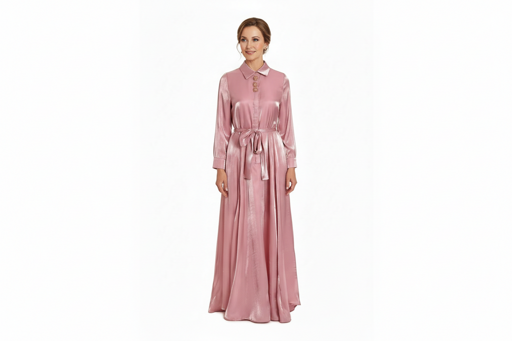 Stella mother of the bride dress Woman wearing a long pink dress with a belt on a white background
