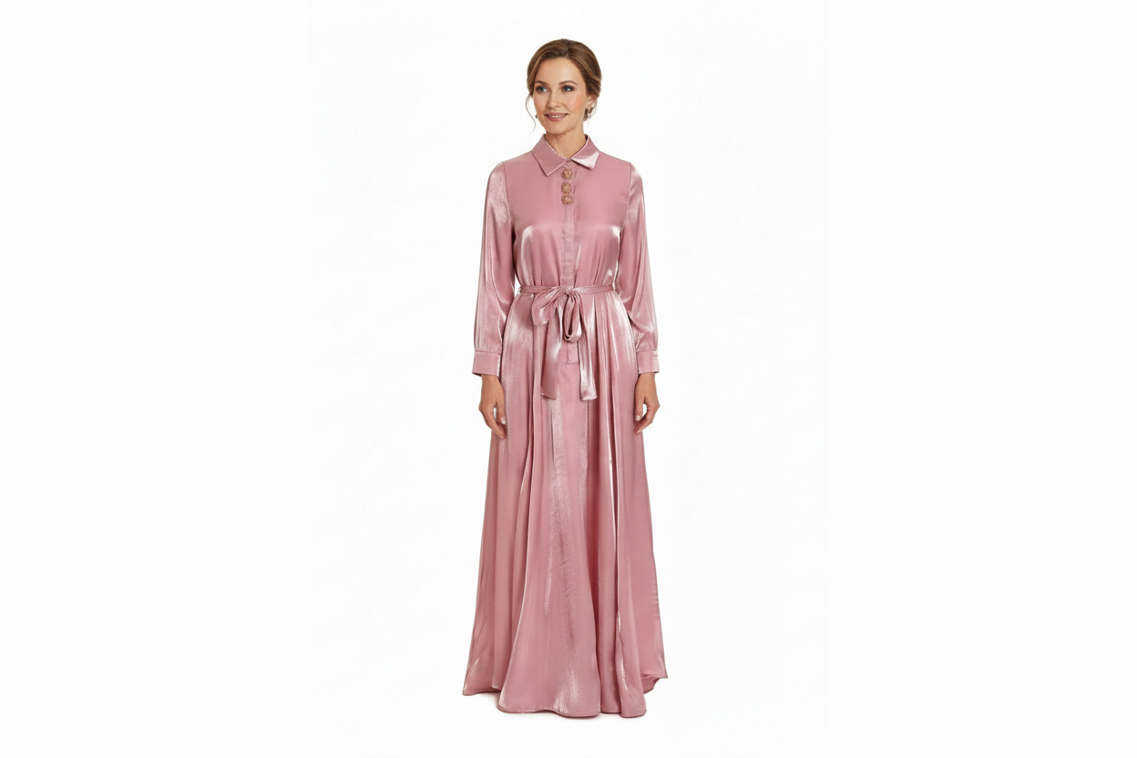 Stella mother of the bride dress Woman wearing a long pink dress with a belt on a white background