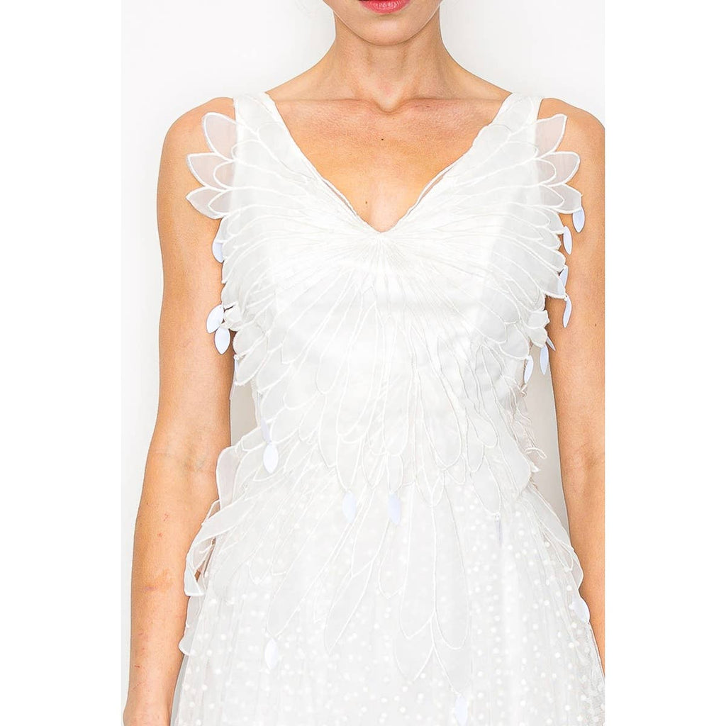 Vanessa elegant bridal dress A white, sleeveless tulle midi dress with flared details, an asymmetric hem, and side invisible zipper.