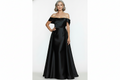 Victoria mother of the bride dress Woman wearing a black off-shoulder gown on a white background
