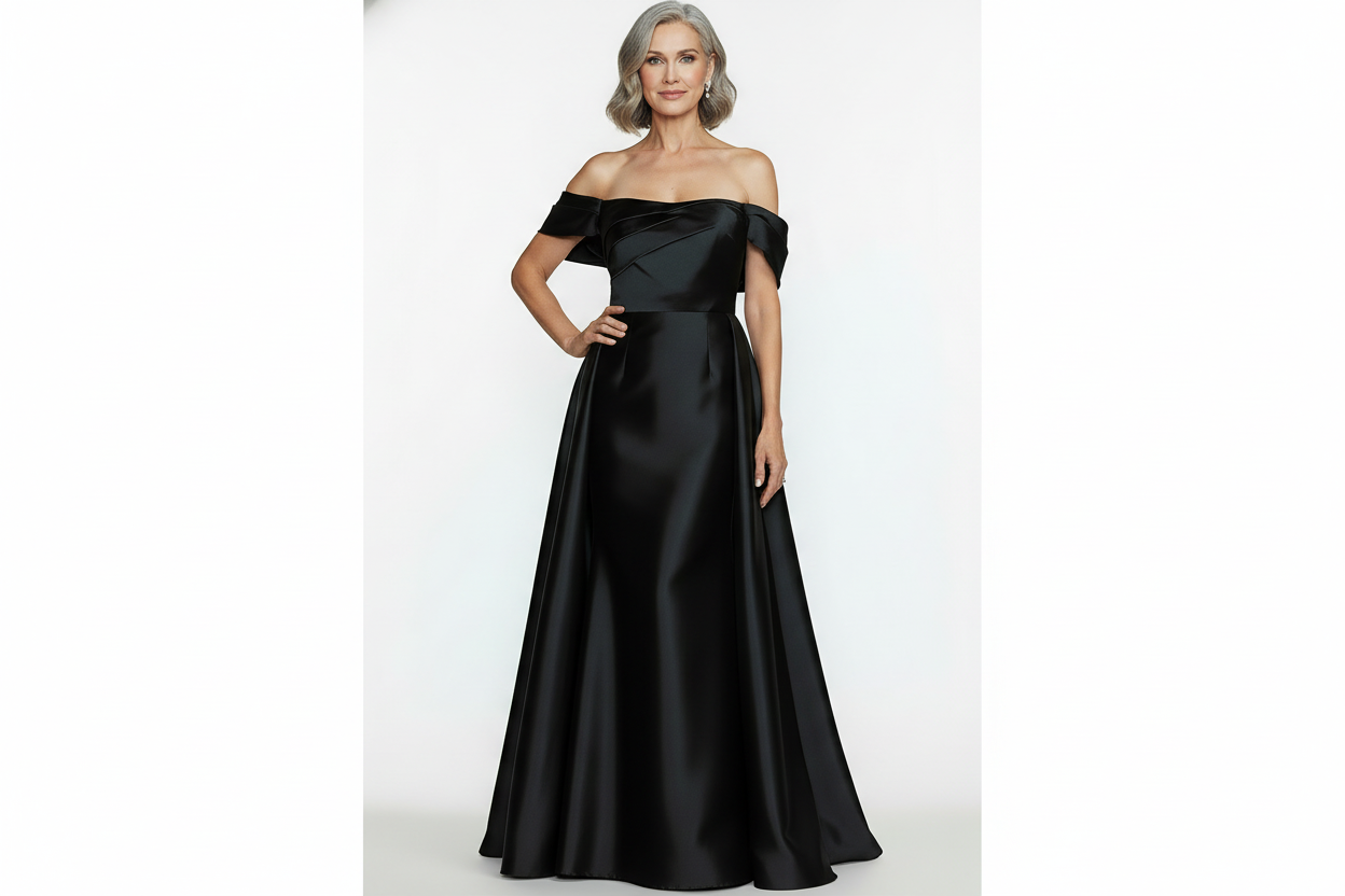 Victoria mother of the bride dress Woman wearing a black off-shoulder gown on a white background
