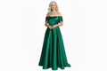 Vivan mother of the bride dress Woman wearing a green off-shoulder gown on a white background