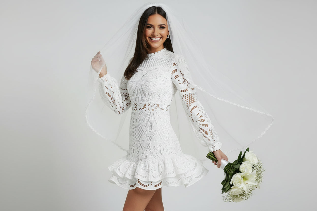 Zarina elegant bridal dress Woman in a white lace wedding dress holding a bouquet against a plain background