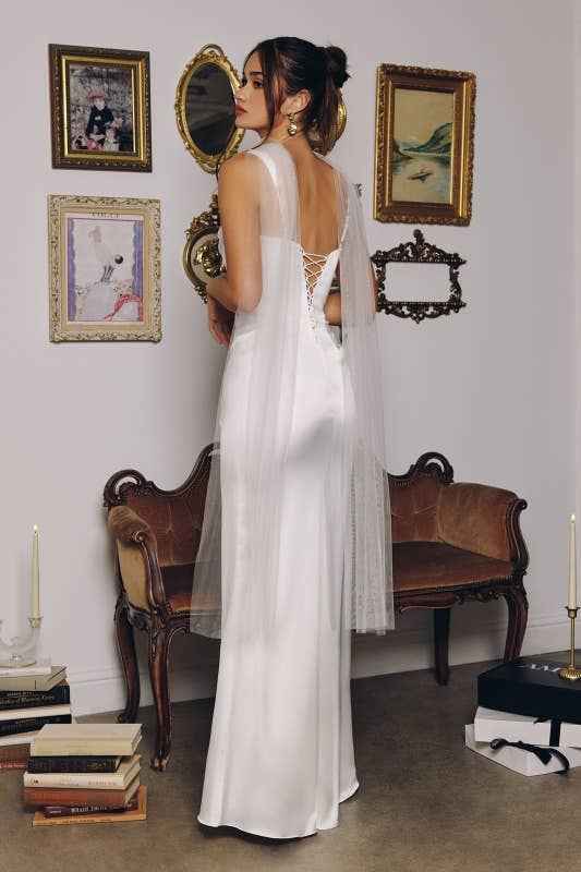 Ladivine by Cinderella Divine - STRUCTURED BODICE WITH SOFTLY DRAPED NECKLINE BRIDAL GOWN: OFF WHITE / S