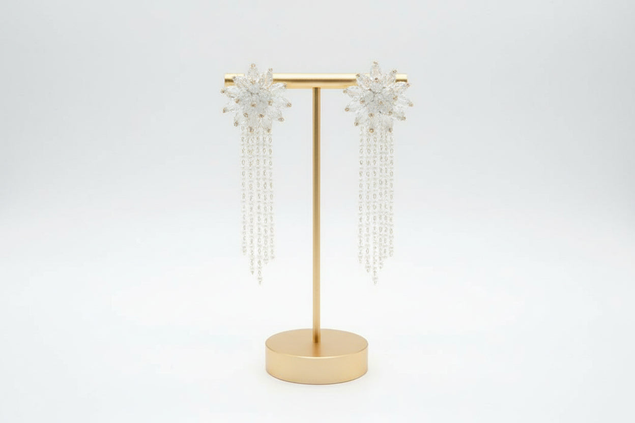 Crystal flowers tassel earrings in Ivory