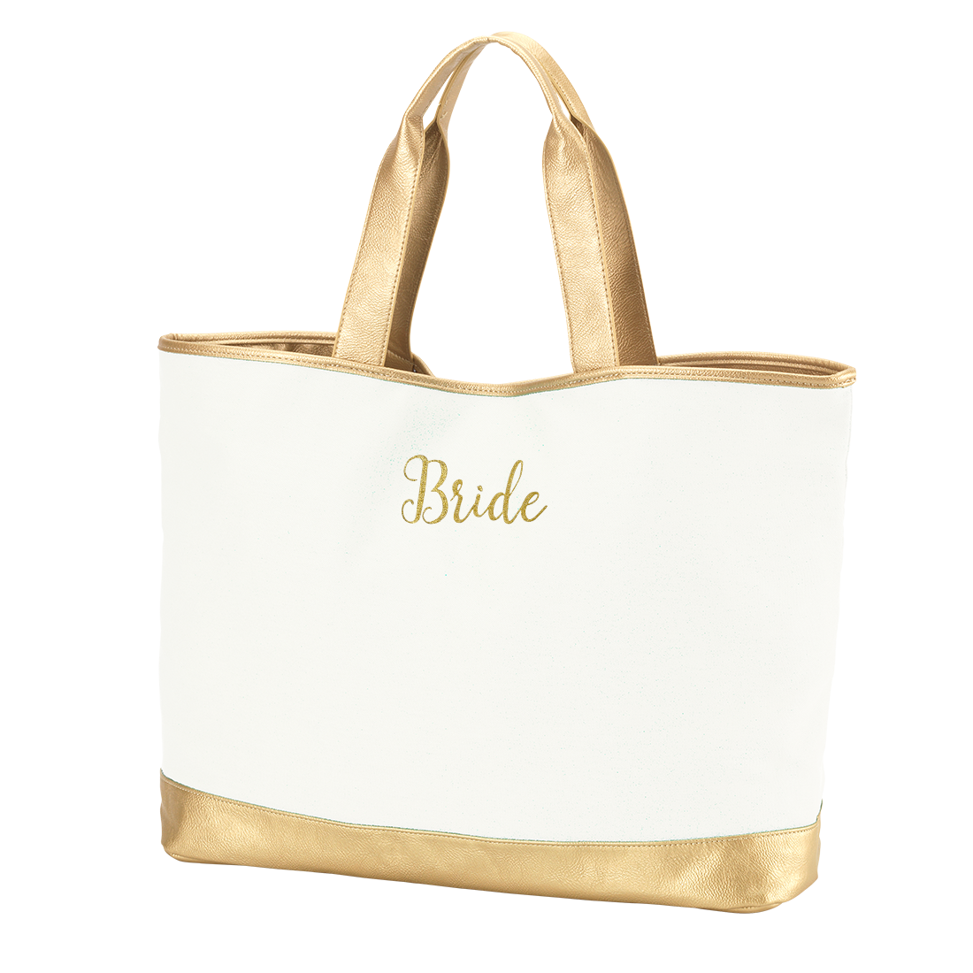 Canvas Tote Bag Gold Bride Embroidery With Metallic Vegan Leather Trim Interior Zipper Pocket Magnetic Snap Closure