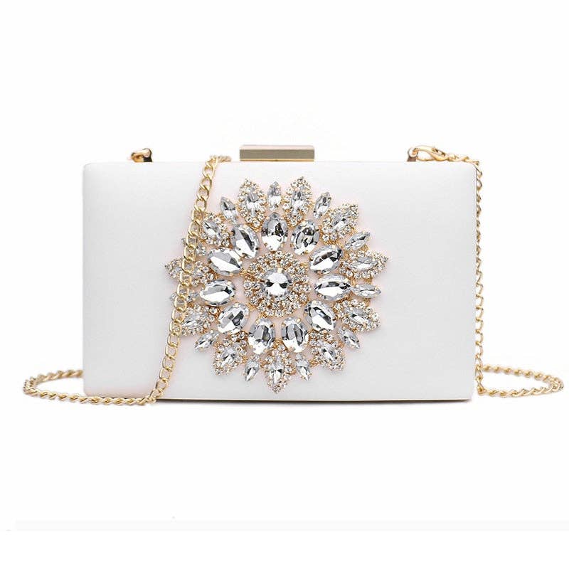 Crossbody With Statement Gem Floral Minaudiere Wedding Clutch Bag For Women Mini Purse PU Linen Style Fashion