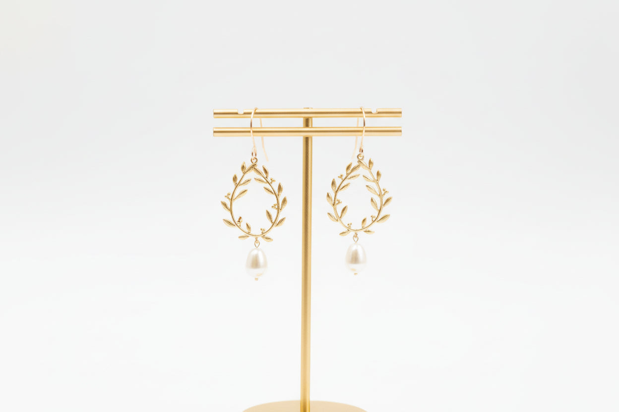 Grecian style gold and pearl drop earrings