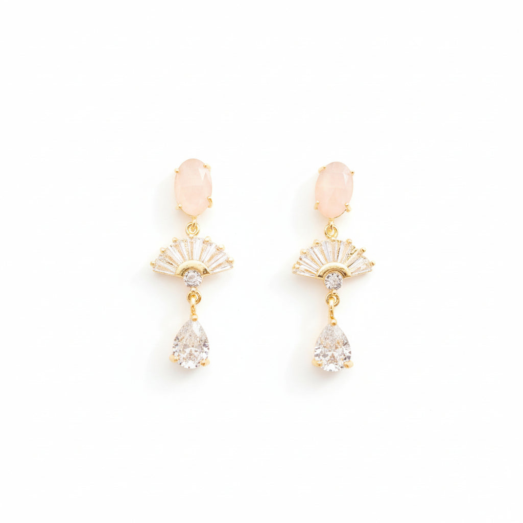 Gold rose quartz wedding earrings